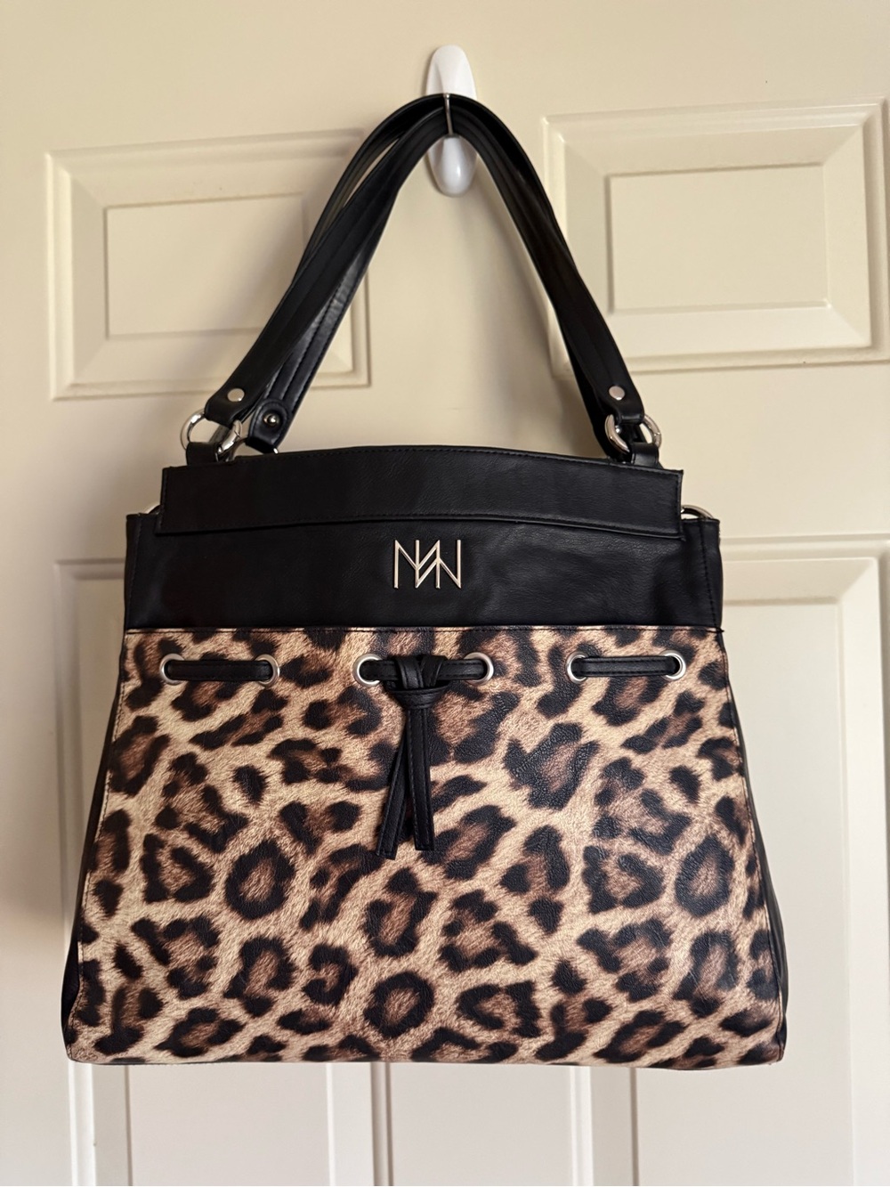 Leopard Print Shoulder Tote with Black Trim